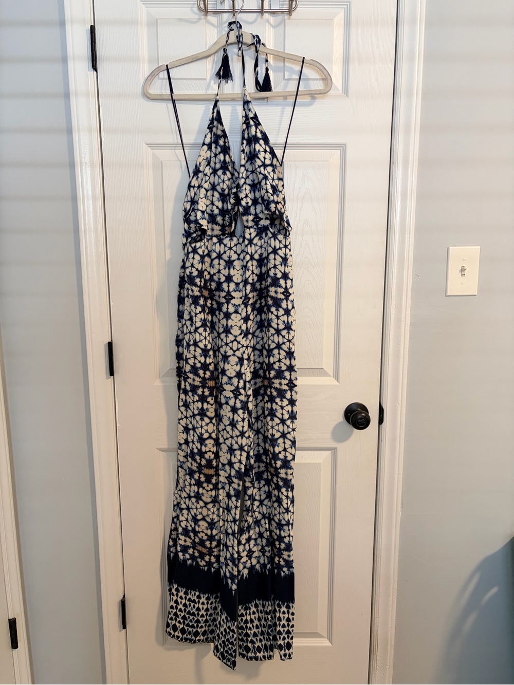 ASTR Navy and White Patterned Halter Maxi Jumpsuit